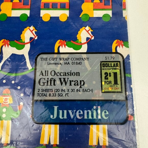 Vtg Child Gift Wrap Company Paper Blue Clowns Trains Horses 2 Sheets in Pack - Picture 3 of 8